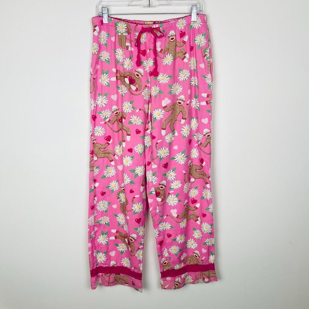 Nick & Nora Pink Sock Monkey Flower Print Flannel PJ Pajama Pants, Size S